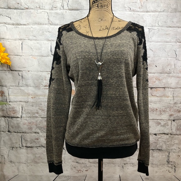 Miss Me Sweaters - Miss Me Crochet Sleeve Rhinestone Sweater